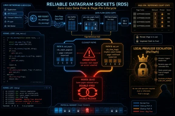 Diagram illustrating Linux RDS zero-copy data flow with page pinning, cleanup paths, and a double-free bug warning.