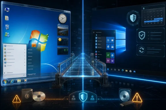 Futuristic blue Windows desktop interface with security shield icons and app tiles.
