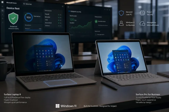 Two business Surface laptops with Windows 11 security branding over a device management dashboard display.