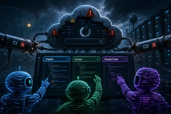 Cybersecurity-themed server room with cracked warning spheres and glowing coding consoles under stormy clouds.