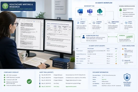 Healthcare writer reviews clinical study screens as an AI agents workflow displays extraction and compliance approvals.