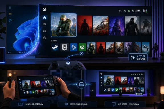 Person using a handheld gaming device to wirelessly connect to a smart TV showing game library with auto SR upscaling.