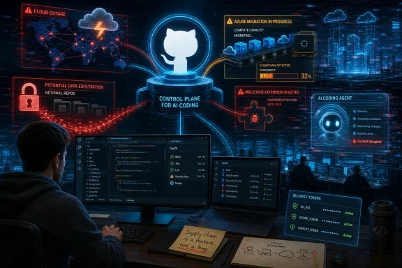 Cybersecurity control room graphic showing cloud outage and malicious extension alerts around an AI coding agent.
