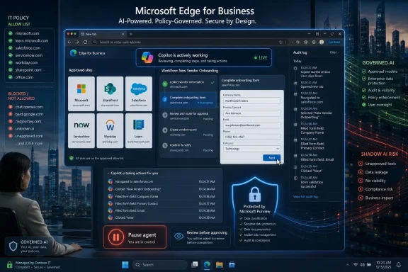 Microsoft Edge for Business dashboard showing “Copilot” workflow, approval logs, and AI governance controls against a city backdrop.