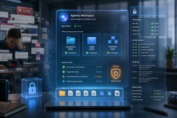 Futuristic AI dashboard on a laptop shows an “Agentic Workspace” executing tasks with permissions and activity logs.