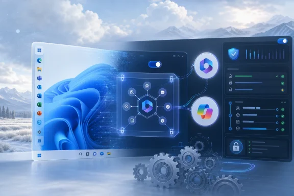 Futuristic Windows-style interface with cloud icons, security checks, gears, and a network hub over snowy mountains.