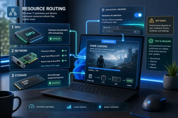 Windows 11 “Resource Routing” graphic showing GPU scheduling, network offload, DirectStorage, and game loading.