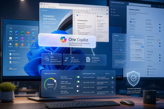 Microsoft 365 Copilot interface shown across multiple Windows on a laptop, with policy and security panels.