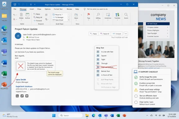 Screenshot of an email draft titled “Project Falcon Update” in Outlook with wrap-text and IT support checklist panels.