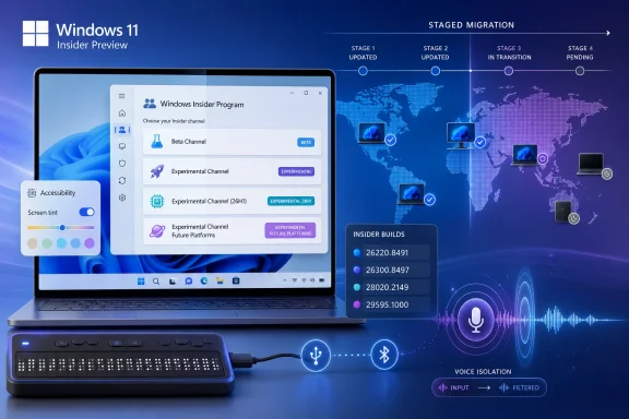 A Windows 11 Insider Preview setup screen with staged migration and build numbers on a blue tech background.