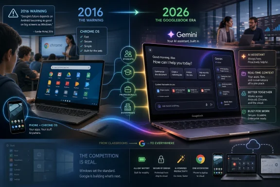 Futuristic ad graphic shows a laptop with Gemini AI and timelines from 2016 warning to 2026 Googlebook era.