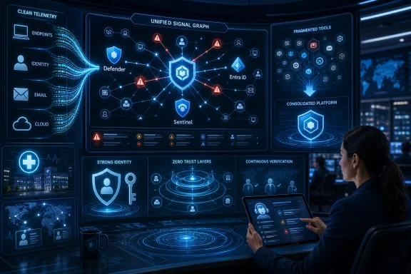 Technician views a futuristic cybersecurity dashboard showing unified signals, alerts, and identity protection.