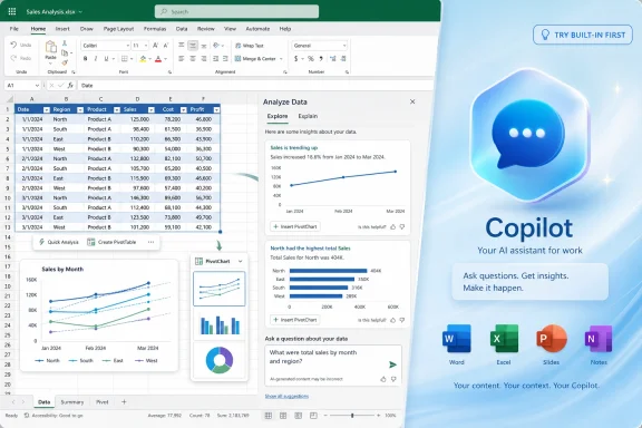 Microsoft Excel sales analysis with Copilot insights and charts for Sales by month and region.