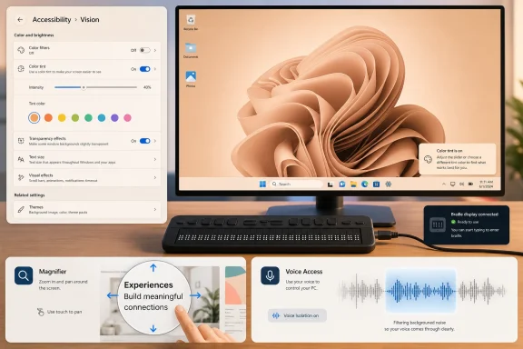 Windows accessibility settings shown on a monitor with voice, magnifier, and braille features.