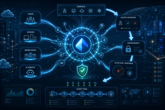 Futuristic cybersecurity dashboard showing signals, access control, enforcement, and audit trail over a global network.