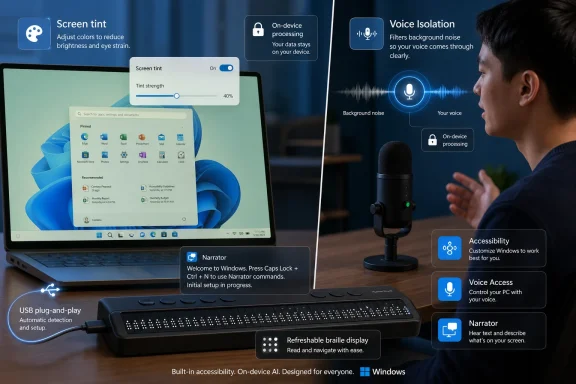 Windows accessibility features shown on a laptop, with voice isolation and screen tint panels beside a microphone.
