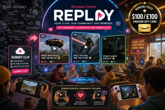 Gaming community promotion poster for “Windows Central REPLAY,” featuring clip submissions and prizes in a lounge.