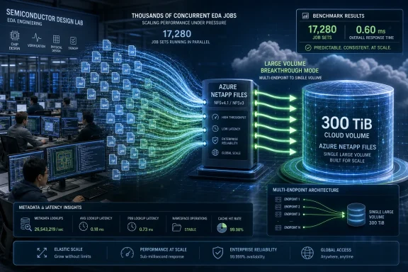 Engineers use a cloud/EDA visualization highlighting Azure NetApp Files for 300 TiB scalable storage and benchmarked low latency.