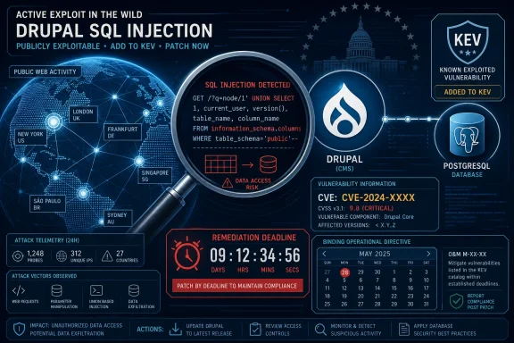 Cybersecurity poster about an active Drupal SQL injection exploit, patch deadline, and KEV tracking.