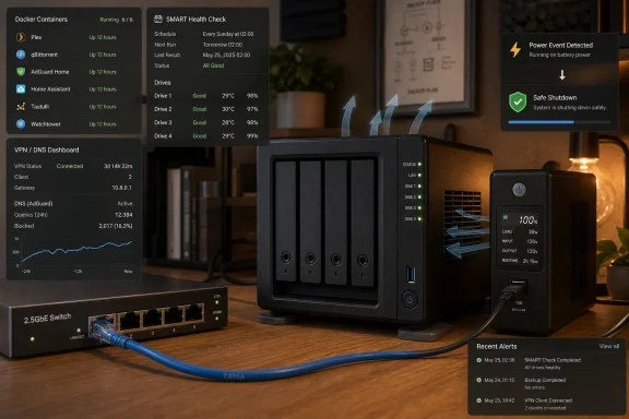 Smart home server rack with NAS and UPS shows running status, SMART check, and a safe battery power event.