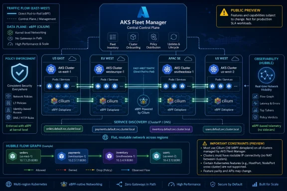 AKS Fleet Manager diagram showing eBPF/Cilium traffic flow, security policy enforcement, and observability across regions.
