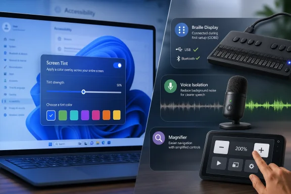 Laptop showing “Screen Tint” settings alongside a Braille display, voice isolation mic, and magnifier control panel.