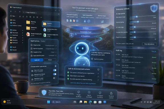 Futuristic desktop UI shows an AI assistant with enterprise data controls, audit log, and secure recommendations.