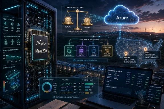 Futuristic data center control panel shows Azure cloud supply-chain analytics and AI routing diagrams.