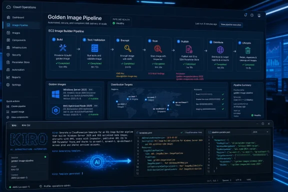 Cloud operations dashboard showing a “Golden Image Pipeline” with automated build, scan, publish, and distribute steps.