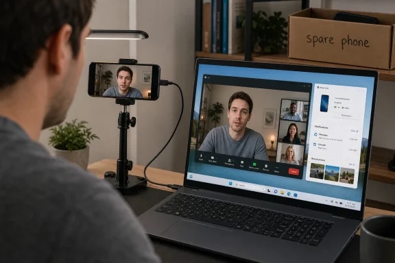 Man video-chatting via smartphone on a gimbal, mirrored on a laptop beside a “Spare phone” box.