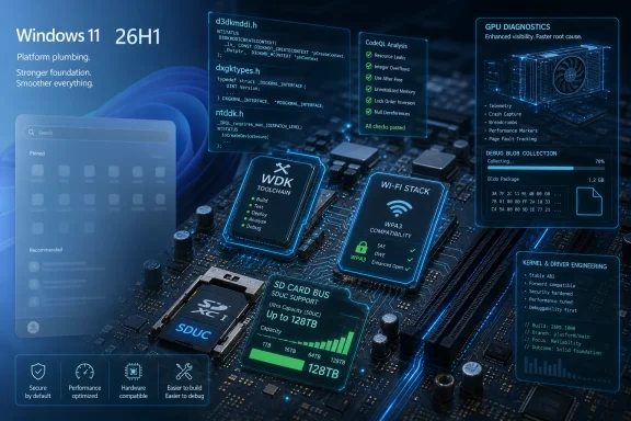 Futuristic Windows 11 26H1 tech dashboard over a glowing computer-chip circuit with diagnostics panels.
