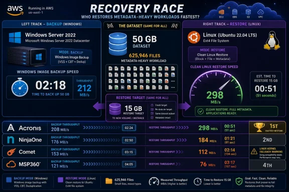 AWS “Recovery Race” infographic comparing fast backup and Linux restore speeds for a 50GB metadata-heavy dataset.