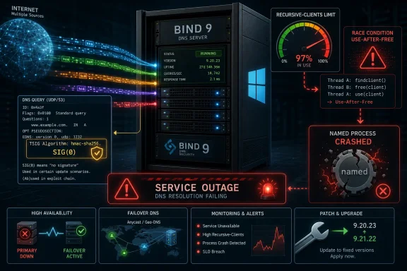 Futuristic DNS server “BIND 9” dashboard shows service outage, race/use-after-free, and named process crash.