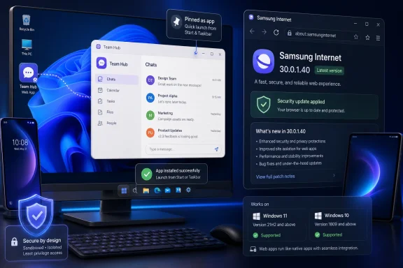 Windows desktop shows Team Hub chat app installed with Samsung Internet update and security prompts.