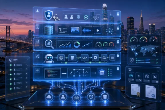 Futuristic AI cybersecurity dashboard overlays a glowing city skyline at dusk.