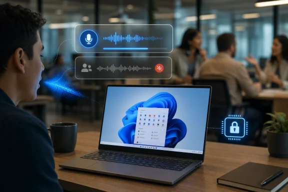 Office scene with a laptop showing Windows and audio/mic and security UI overlays for conferencing.