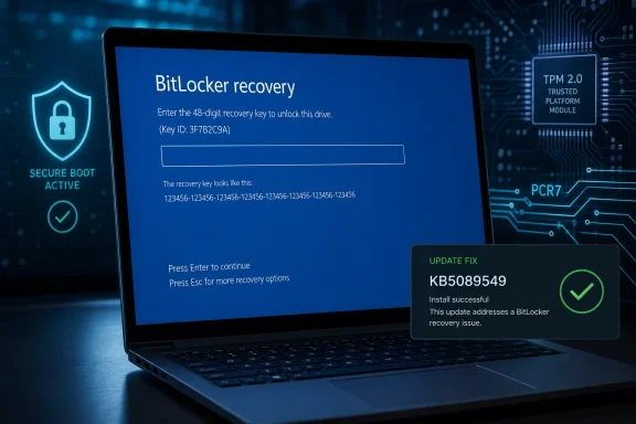 Laptop shows a BitLocker recovery key entry screen with secure boot and TPM 2.0 module UI.