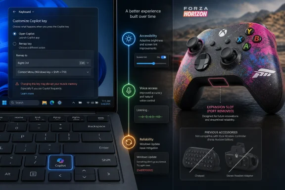 Windows settings and Forza Horizon promo with a colorful controller graphic over a laptop keyboard.