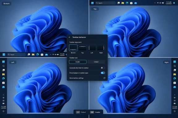Windows 11 desktop showing taskbar behavior settings over a blue abstract wallpaper.