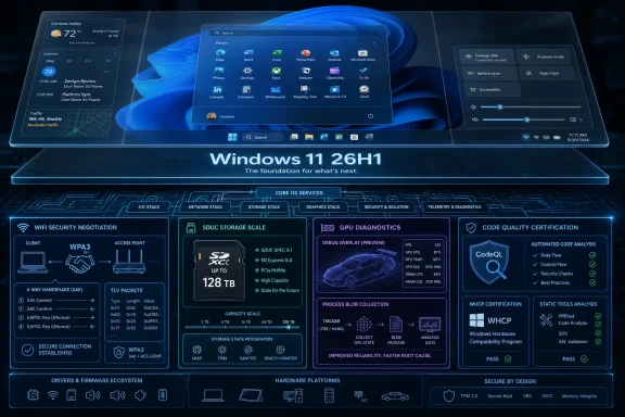 Windows 11 interface preview with app tiles and futuristic hardware stacks, security and diagnostics panels.