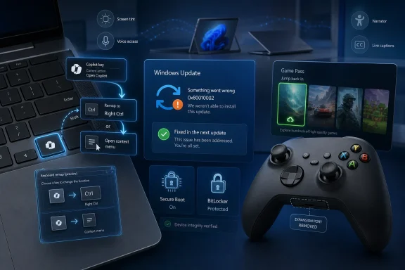 Tech UI scene showing Windows Update error 0x80010002, key remapping, and game/controller interfaces.