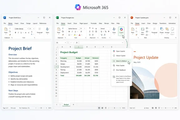 Microsoft 365 screenshot showing Word, Excel, and PowerPoint with Copilot menu and project documents.