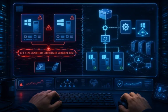 Cybersecurity dashboard with server/network icons, red alerts, and stacked data flow on a futuristic monitor.