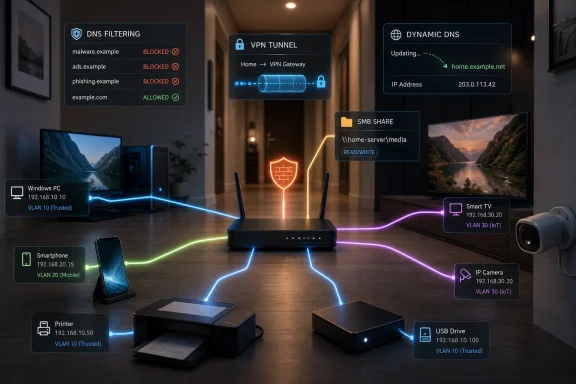 Smart home network visualization showing secure VLANs, VPN tunnel, DNS filtering, and connected devices in a living room.