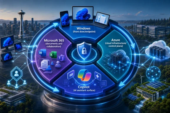 Futuristic network hub over a cityscape connecting Windows, Microsoft 365, Azure cloud, and Copilot AI.