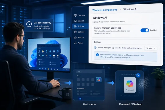 Man reviews a Windows AI policy to remove the Copilot app after 28 days of device inactivity.