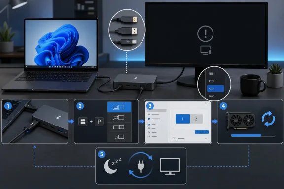 A laptop and monitor setup with a multiport hub, showing step-by-step connections and charging.
