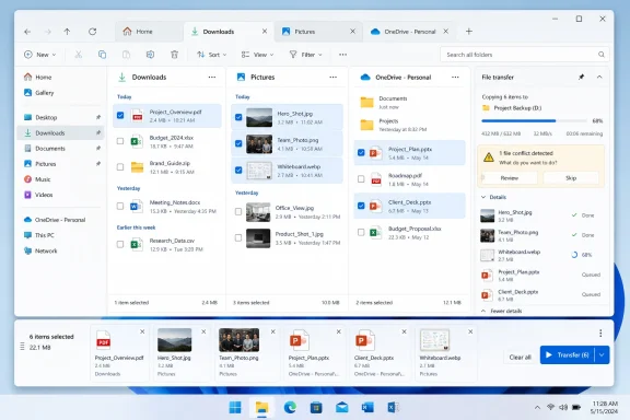 Windows File Explorer shows multiple files selected and a transfer progress with a detected file conflict.