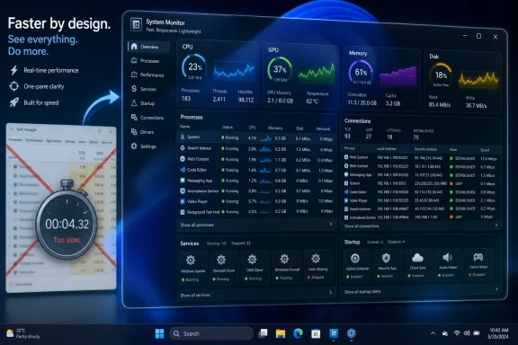 Futuristic System Monitor dashboard shows CPU, GPU, memory, disk, and network performance in blue.
