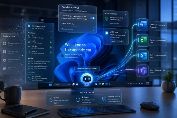 Futuristic Windows desktop shows an AI assistant with agent tools and Microsoft 365 action notifications.